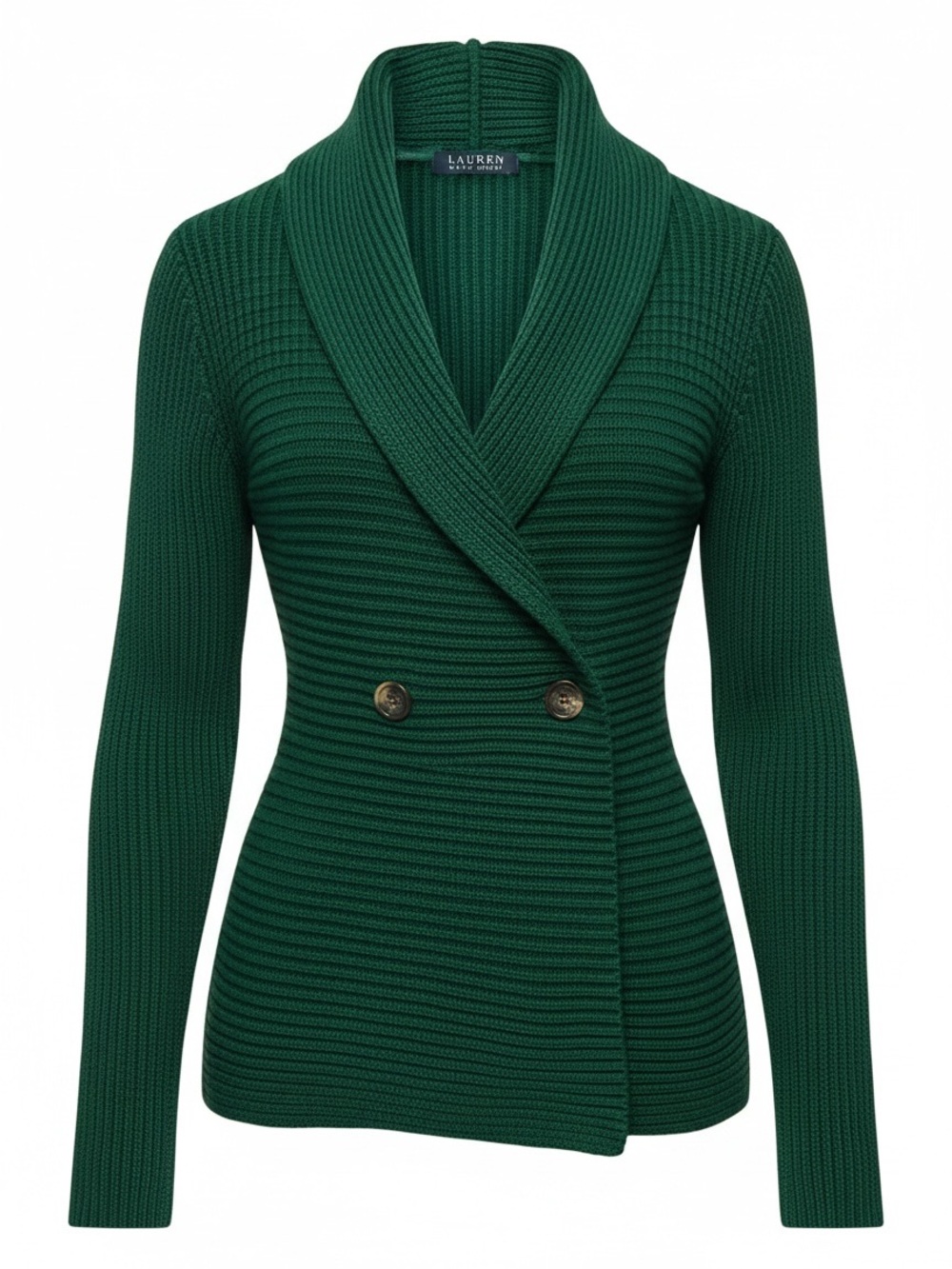 Lauren Ralph Lauren Green Ribbed Shawl-Collar Cardigan Double Breasted SZ L EUC